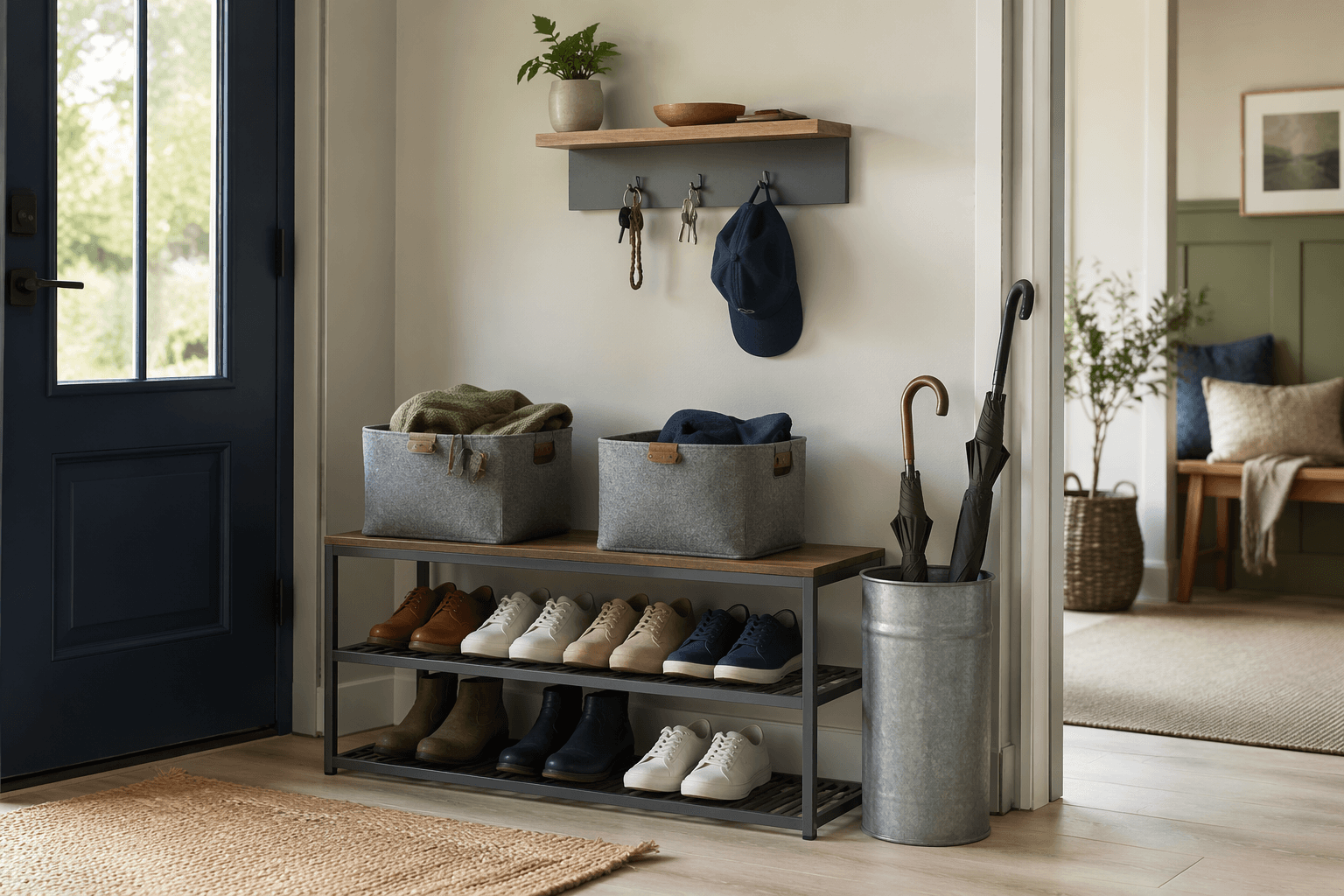A bright, organized home entryway with a shoe rack, key shelf and umbrella stand